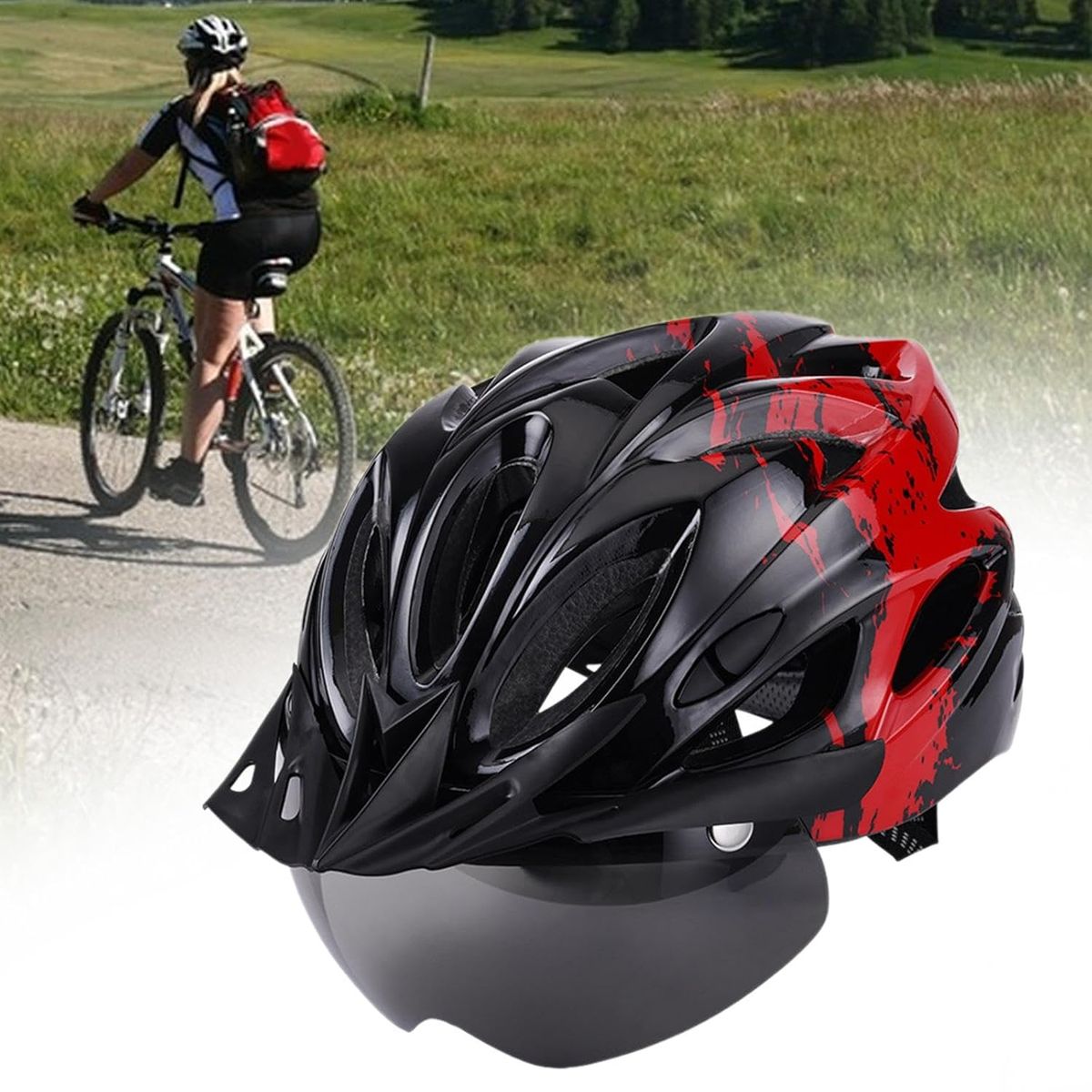 PUREPOWER - Casco De Bicicleta Con Luz Y Gafas Magnéticas-Negro Y Rosa.