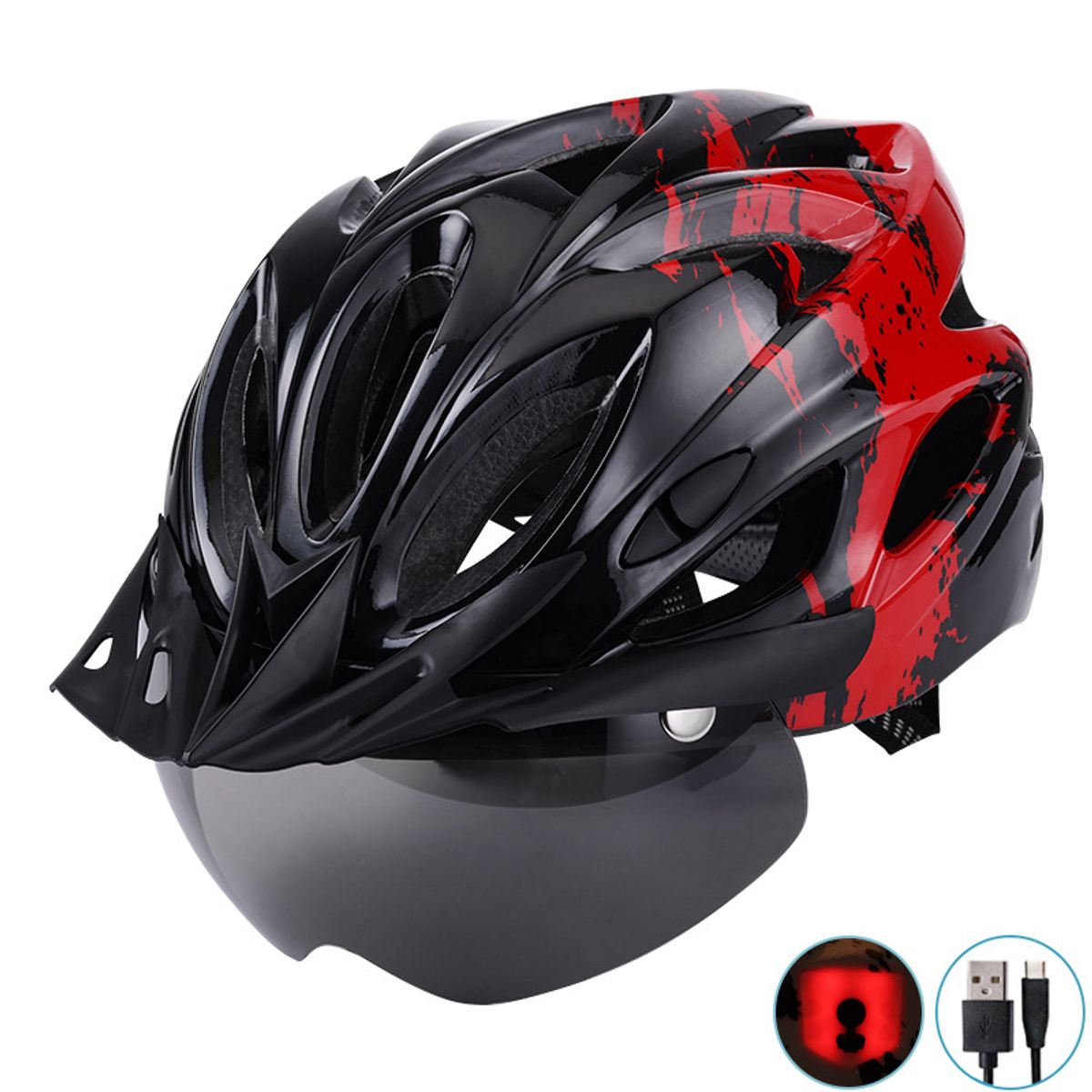PUREPOWER - Casco De Bicicleta Con Luz Y Gafas Magnéticas-Negr Y Rojo