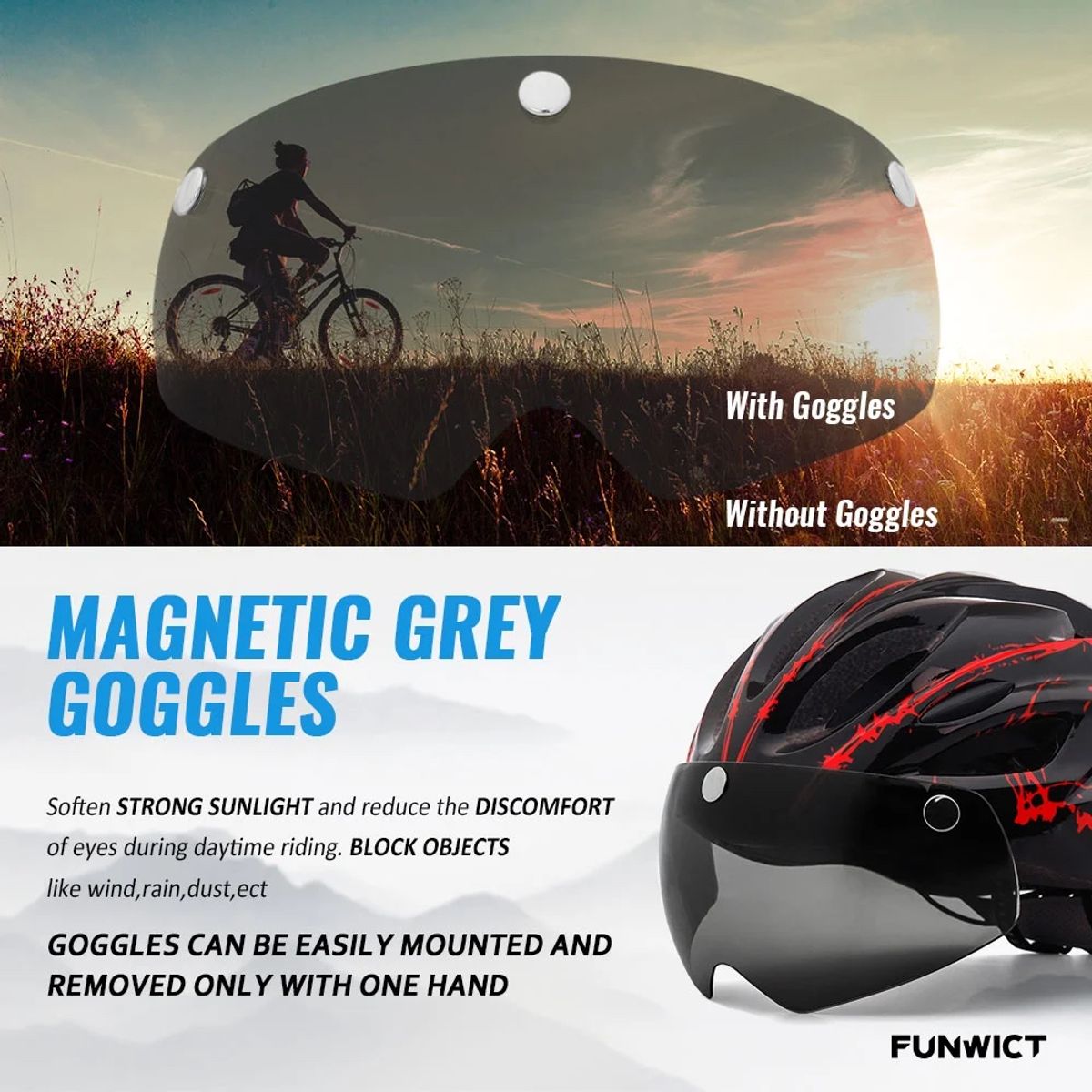 PUREPOWER - Casco De Bicicleta Con Luz Y Gafas Magnéticas-Negr Y Rojo