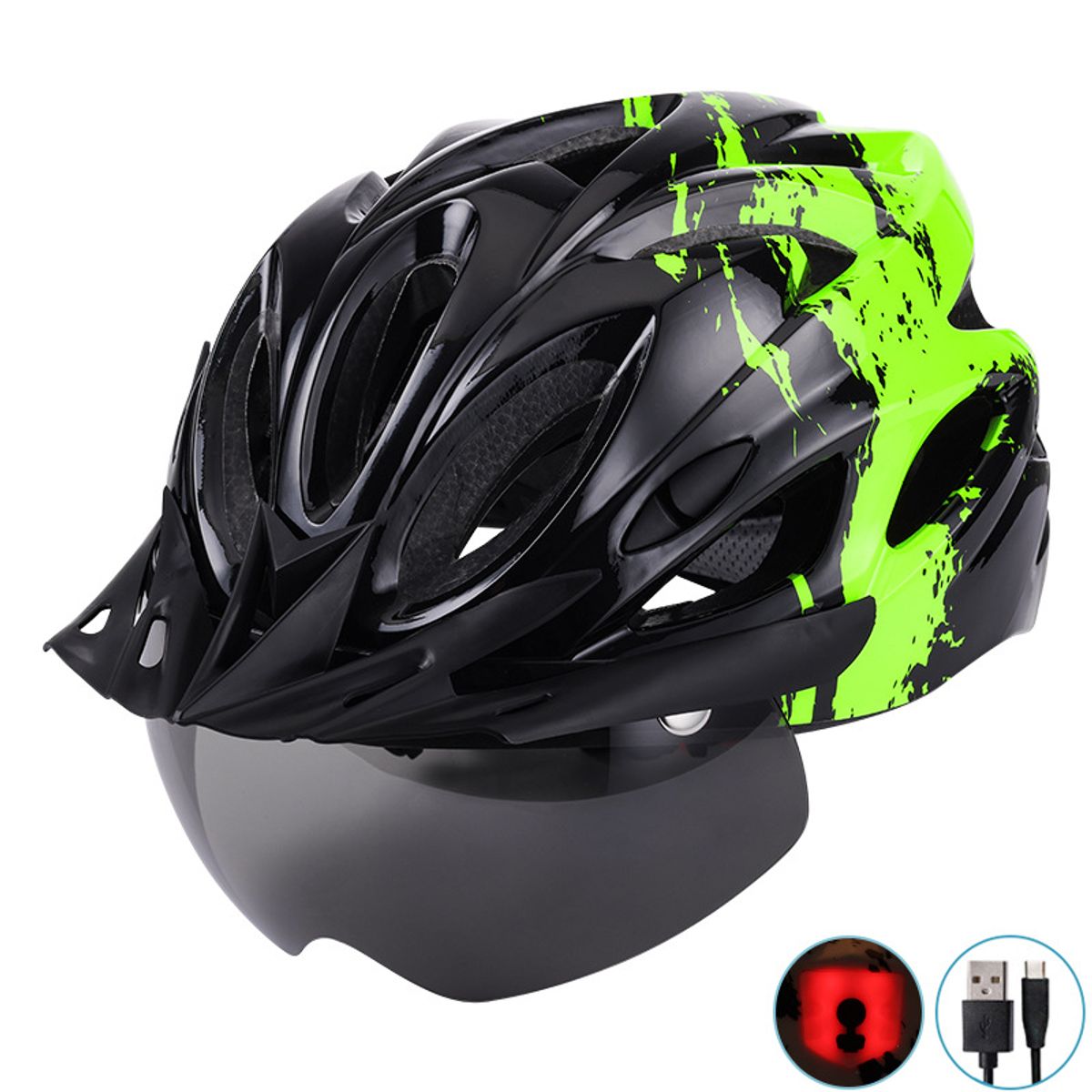 PUREPOWER - Casco De Bicicleta Con Luz Y Gafas Magnéticas-Negro Y Verde