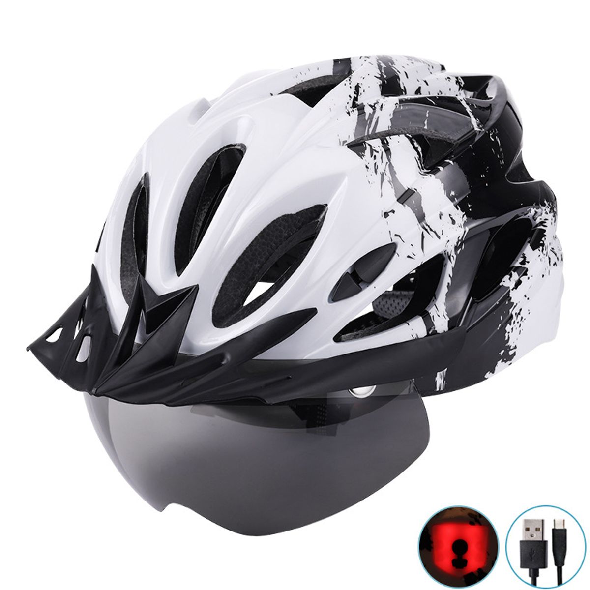 PUREPOWER - Casco De Bicicleta Con Luz Y Gafas Magnéticas-Negro Y Blanco.