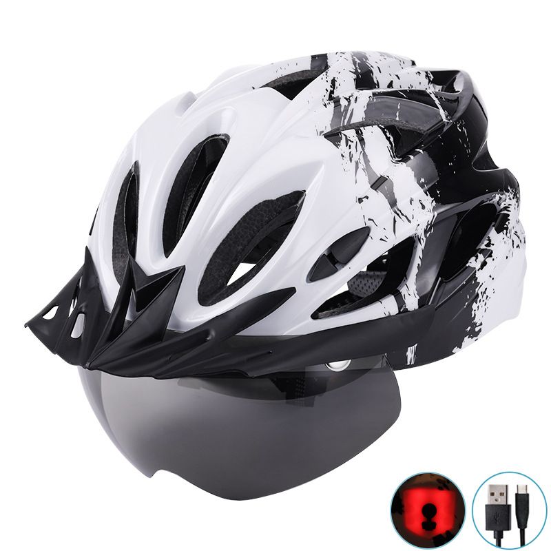 PUREPOWER - Casco De Bicicleta Con Luz Y Gafas Magnéticas-Negro Y Blanco.