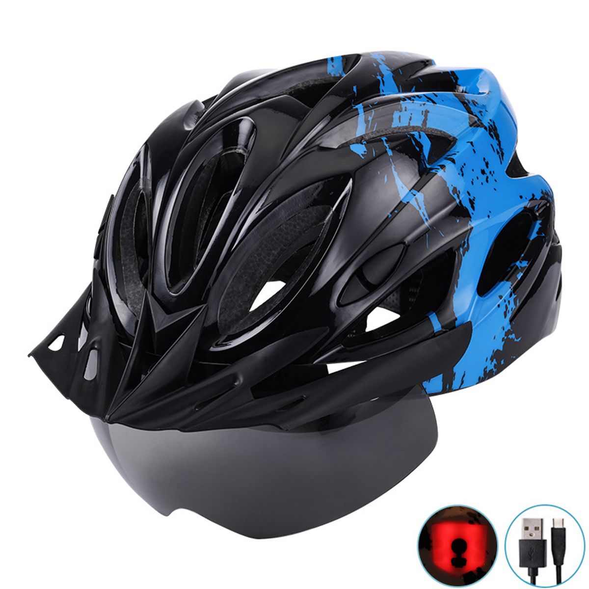 PUREPOWER - Casco De Bicicleta Con Luz Y Gafas Magnéticas-Negro Y Azul