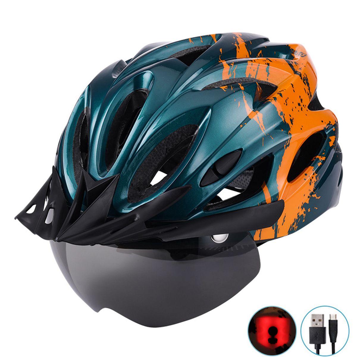 PUREPOWER - Casco De Bicicleta Con Luz Y Gafas Magnéticas- Naranja