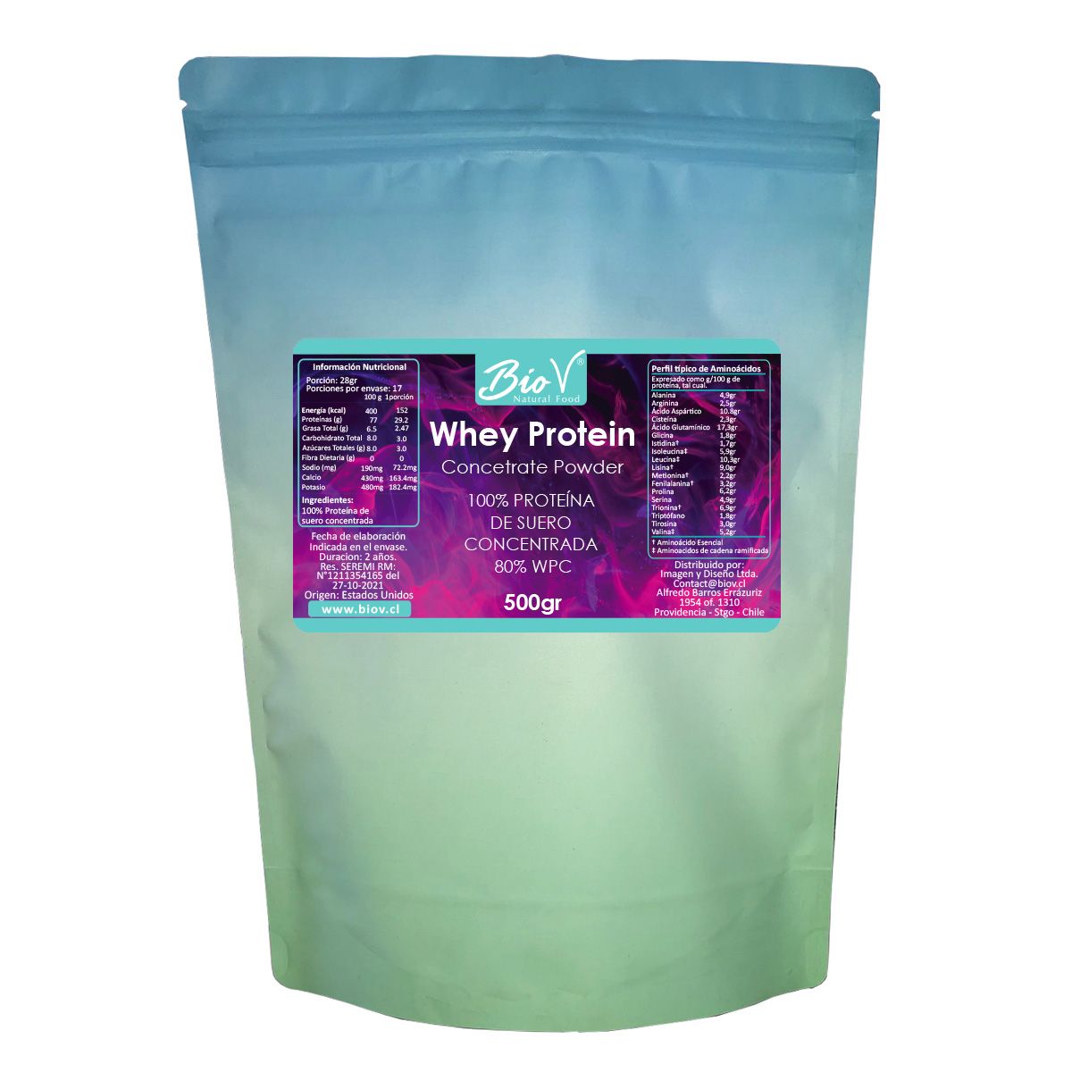 BIOV - Proteina Whey 500g 80% Suero Concentrado Alta Calidad Bio V