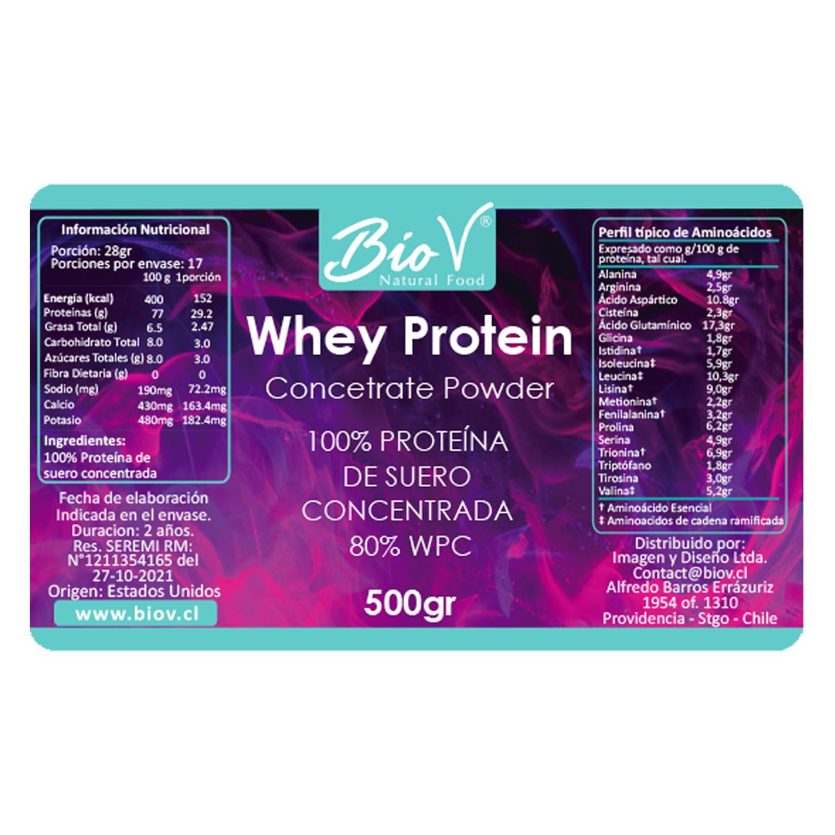 BIOV - Proteina Whey 500g 80% Suero Concentrado Alta Calidad Bio V