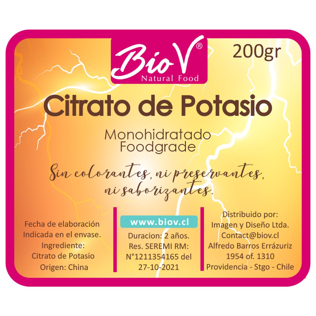 BIOV - Citrato De Potasio 200g Monohidratado GradoAlimenticio Bio V