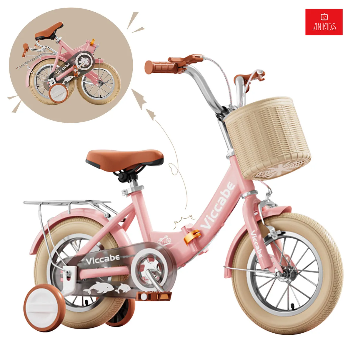 ANIKIDS - Bicicleta Infantil Plegable Aro 16 Color Rosado ANIKIDS