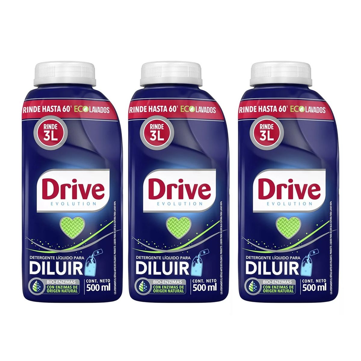 DRIVE - X3 Detergente Drive Líquido Para Diluir 500ml Hasta 60 Lavados