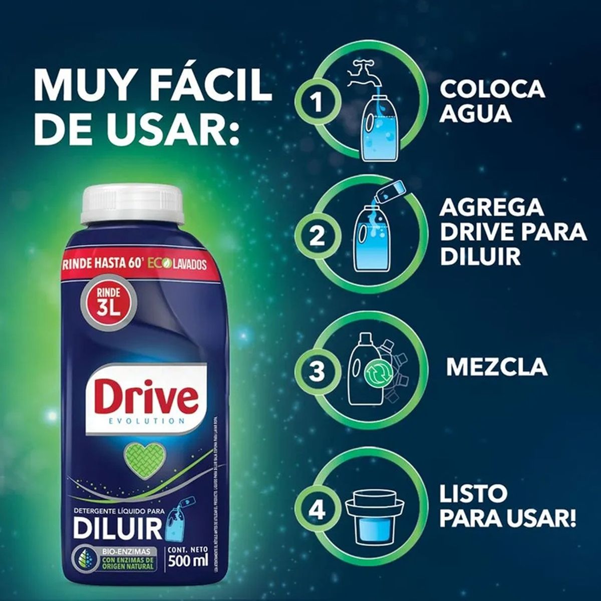 DRIVE - X3 Detergente Drive Líquido Para Diluir 500ml Hasta 60 Lavados