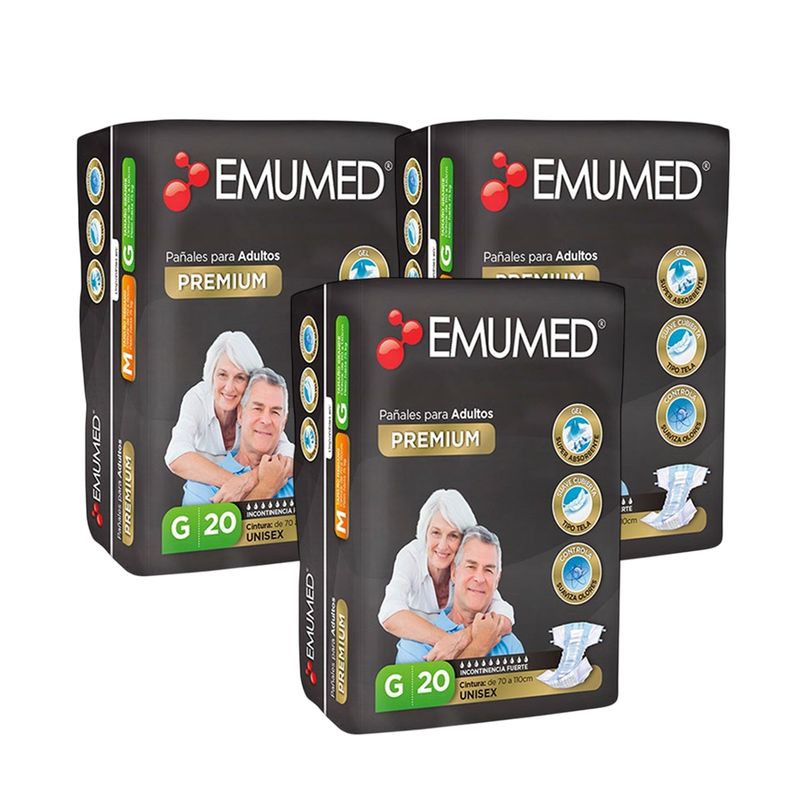EMUMED - X3 Pañales Para Adultos Emumed Premium Tamaño Grande 20unid