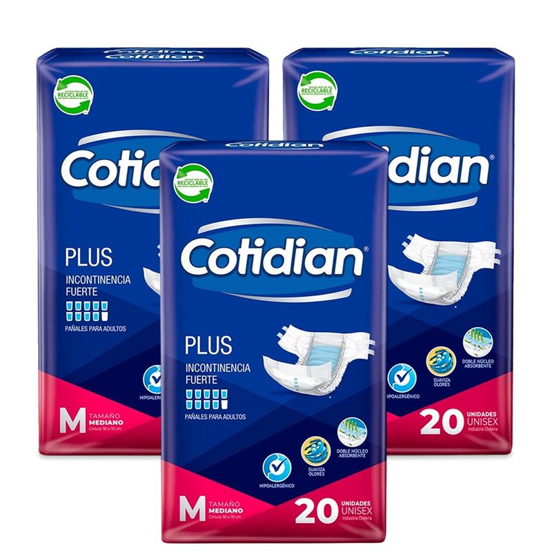 COTIDIAN - Pack X3 Pañales De Adulto Cotidian Plus Tamaño Mediano 20uni