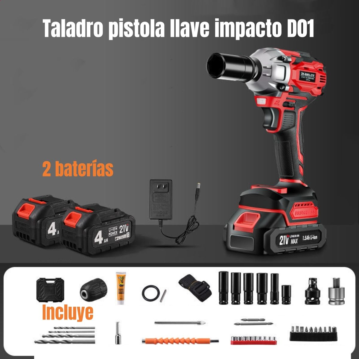 LUBABYCAS - Kit Llave De Impacto Inalámbrica Taladro Pistola 2 Baterías Lubabycas