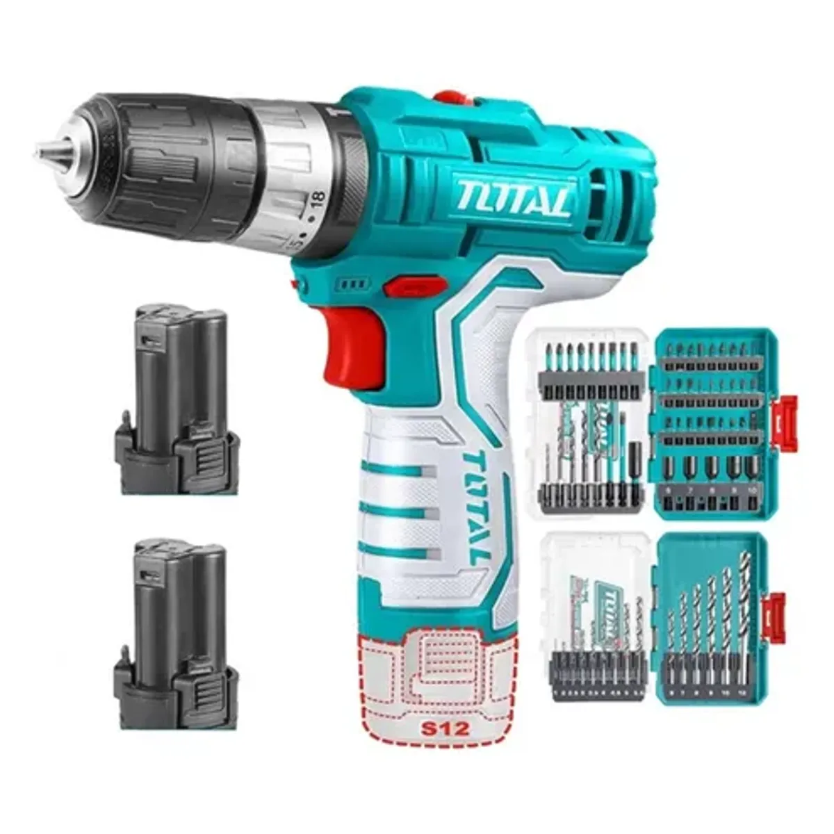 TOTAL TOOLS - Taladro Atornillador 12v 2 Bat + Brocas Y Puntas Total.