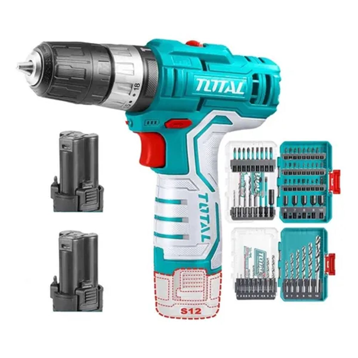 TOTAL TOOLS - Taladro Atornillador 12v 2 Bat + Brocas Y Puntas Total.