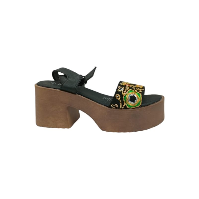 HERIEL - Sandalia Negra Flores Mujer.