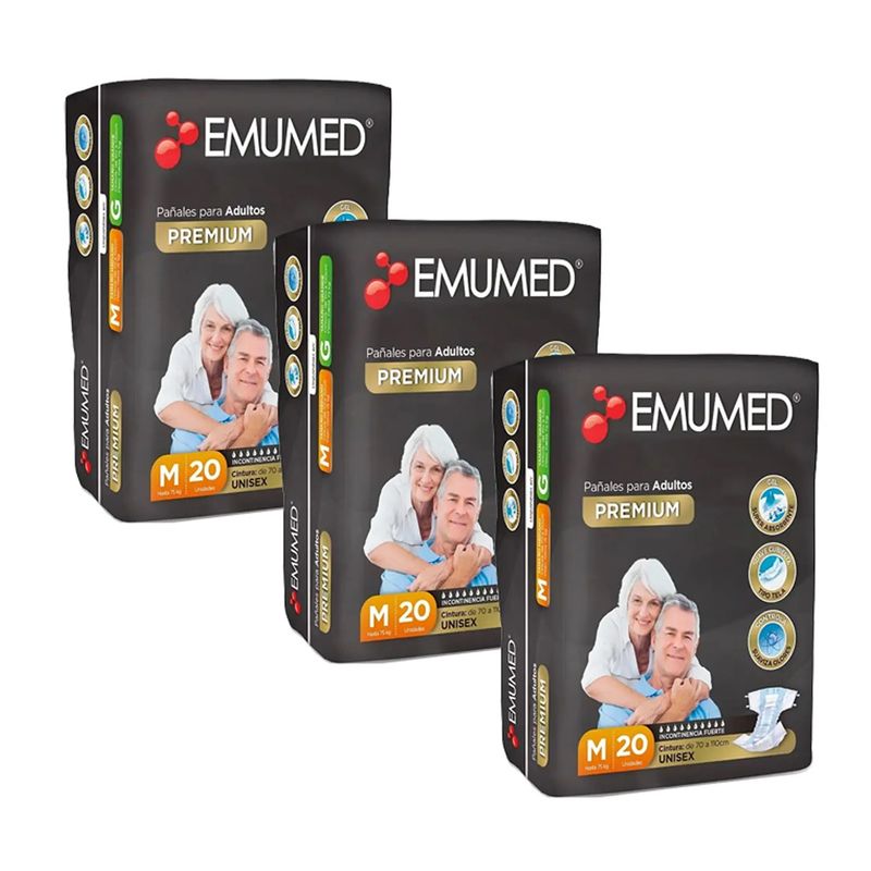 EMUMED - X3 Pañales Para Adultos Emumed Premium Tamaño Mediano 20unid