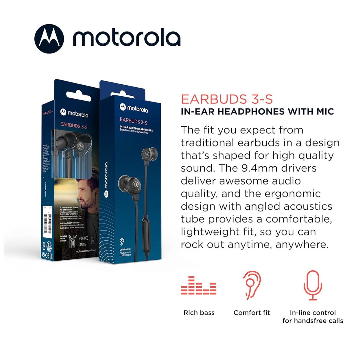 MOTOROLA - Audifonos Alambricos Manos Libres Jack 35mm Negro EarBuds3S