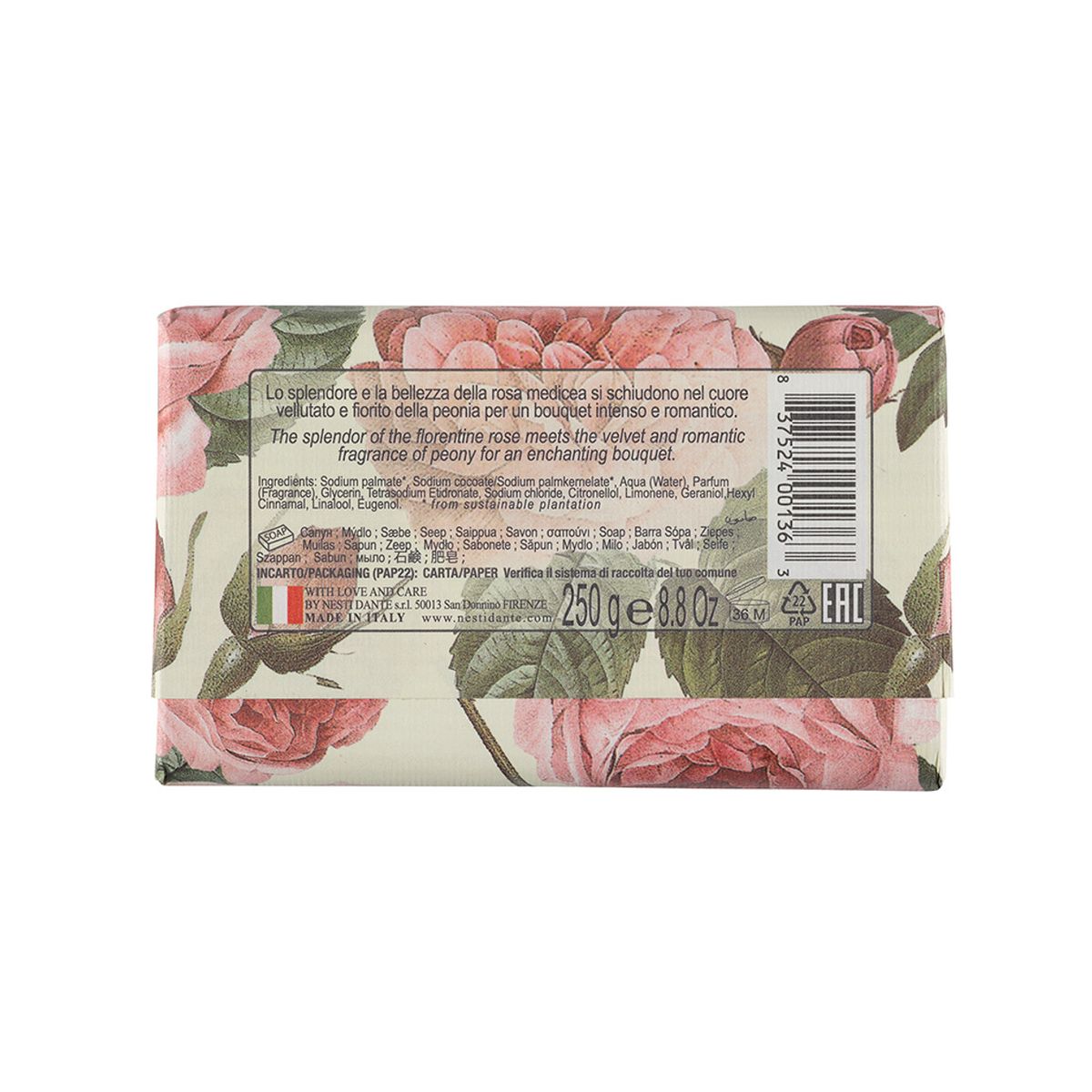 NESTI DANTE - Jabón Italiano Barra 250 grs - Rosa y Peonia