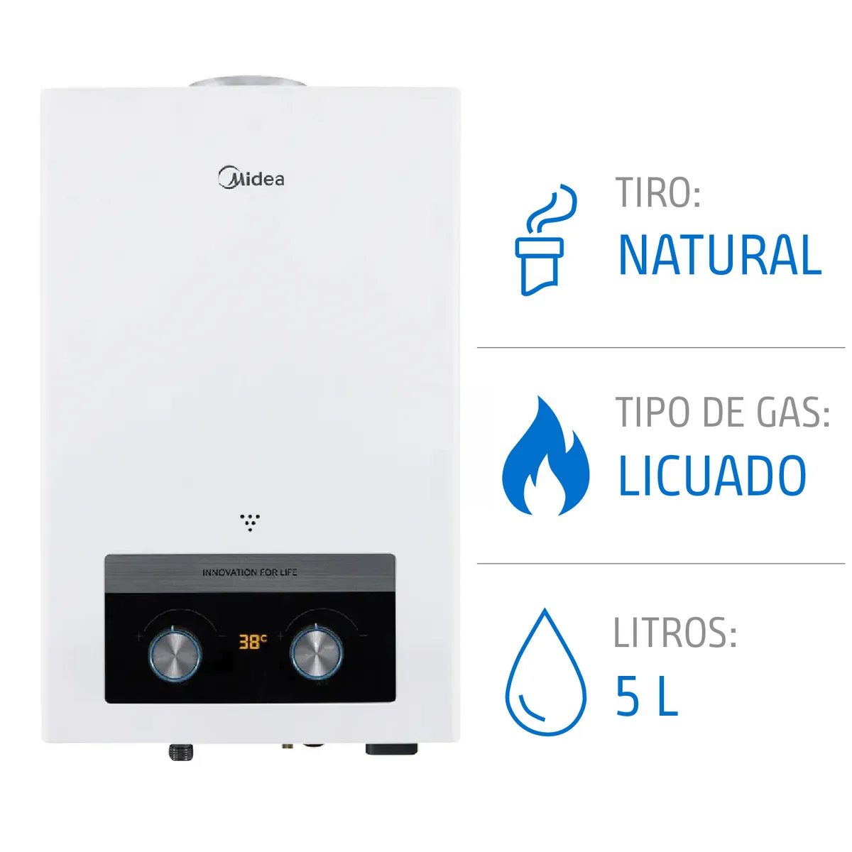 MIDEA - Calefont 5 Litros Tiro Natural Gas Licuado Midea