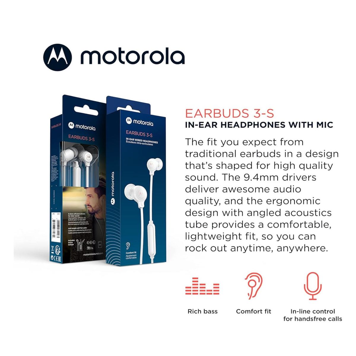 MOTOROLA - Audifonos Alambricos Manos Libres Jack 35mm Blanco EarBuds3S