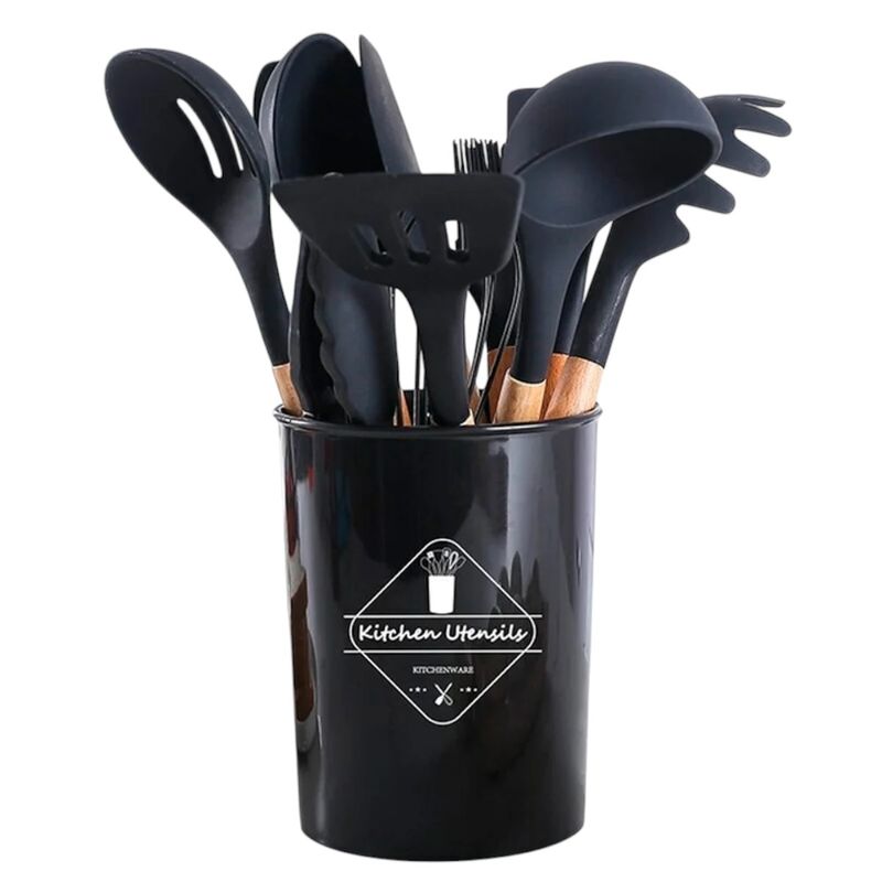GENERICO - Set 12 Piezas Utensilios Cocina Silicona Resistente al Calor con Mango de Madera