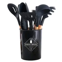 GENERICO - Set 12 Piezas Utensilios Cocina Silicona Resistente al Calor con Mango de Madera