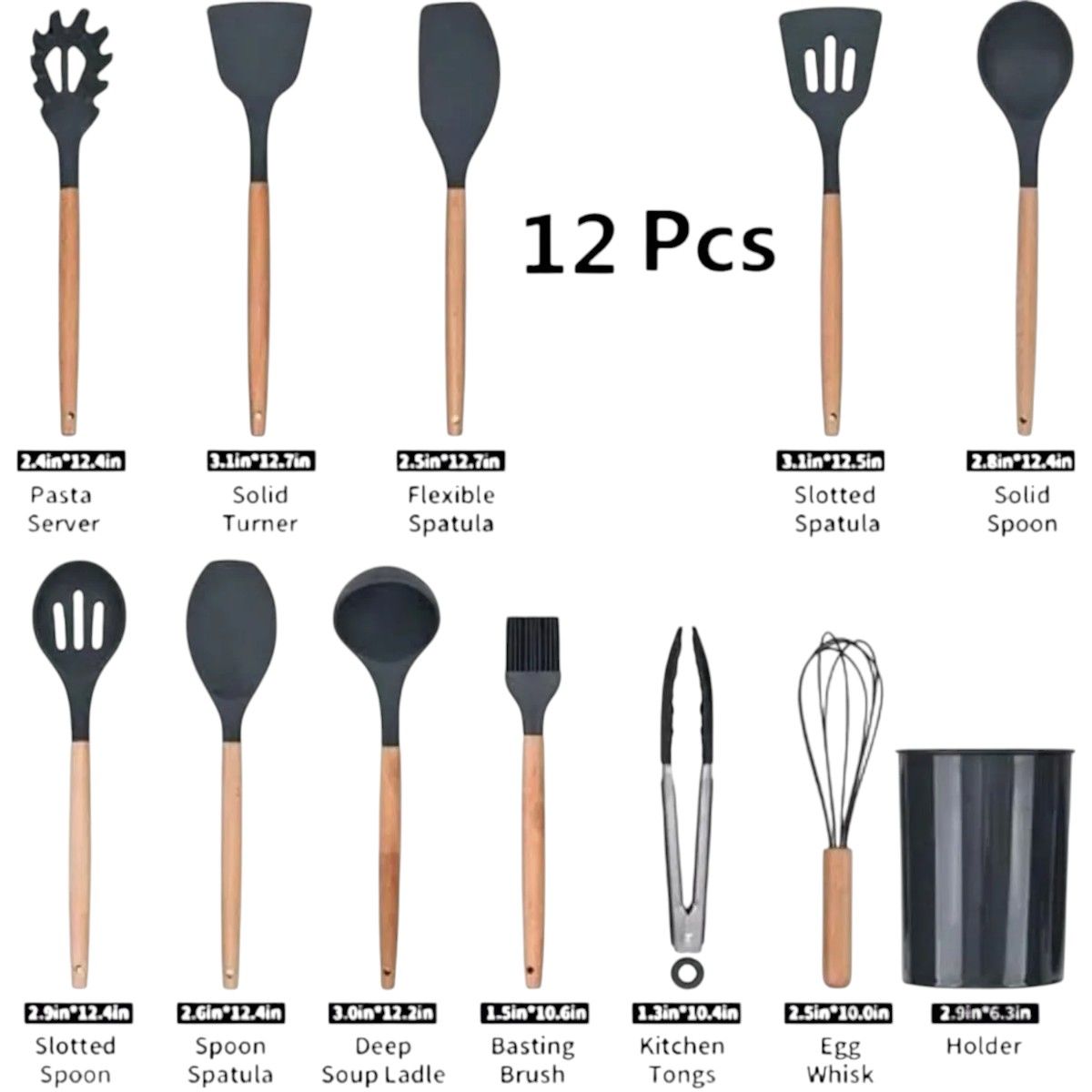 GENERICO - Set 12 Piezas Utensilios Cocina Silicona Resistente al Calor con Mango de Madera
