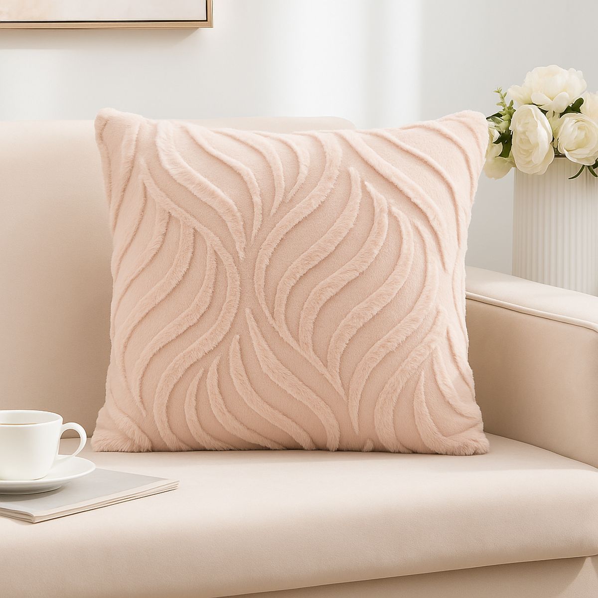 ALTERNATIVE - Funda Cojín 45x45cm Beige Textura Aterciopelada Relieve 644