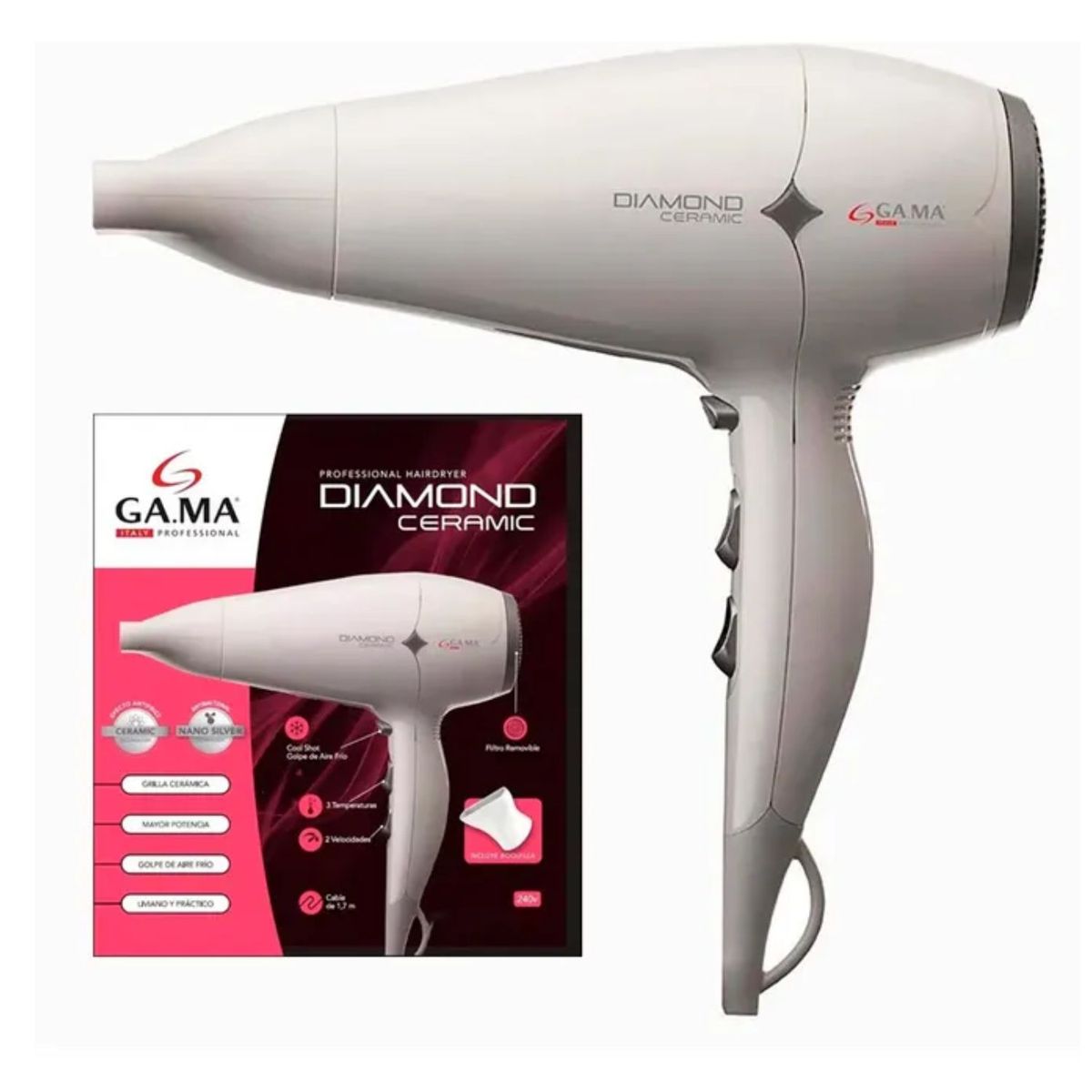 GAMA - Secador Gama Diamond Ceramic Nano Silver Efecto Antifrizz Blanco