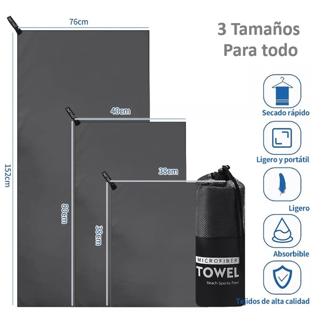 GENERICO - Set  de 3 Toallas Baño Viaje Microfibra Secado Rápido Gris Gray, Allinx