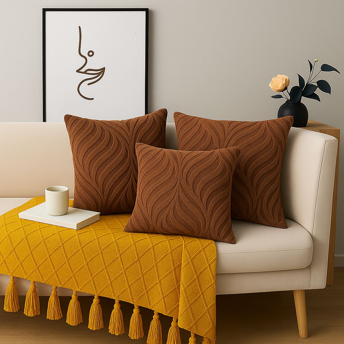 ALTERNATIVE - Pack 3 Fundas Cojin Café Textura Aterciopelada Relieve 449