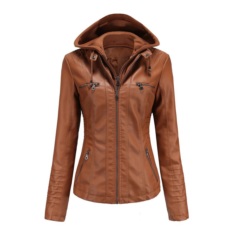 RURUTOTO - Chaqueta PU Con capucha Para Mujer Beige.
