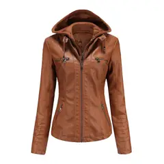 RURUTOTO - Chaqueta PU Con capucha Para Mujer Beige.