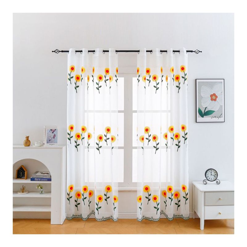 GENERICO - Cortina Velo Visillo Bordado 140 x 230 cm 2 Paños - Girasoles A2