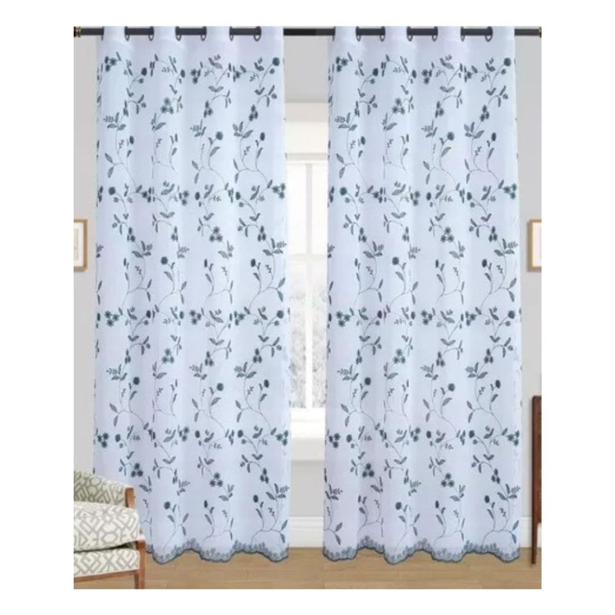 GENERICO - Cortina Velo Visillo Bordado 140 x 240 cm 2 Paños - Jazmín Turquesa