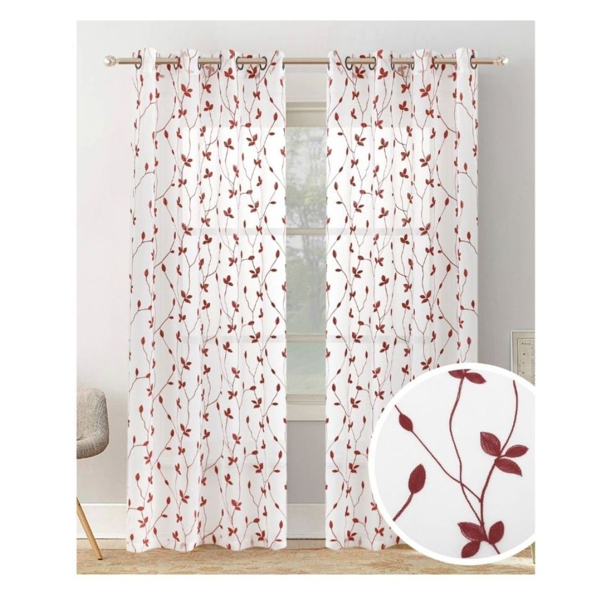 GENERICO - Cortina Velo Visillo Bordado 140 x 230 cm 2 Paños - Burdeo Hojas M1013