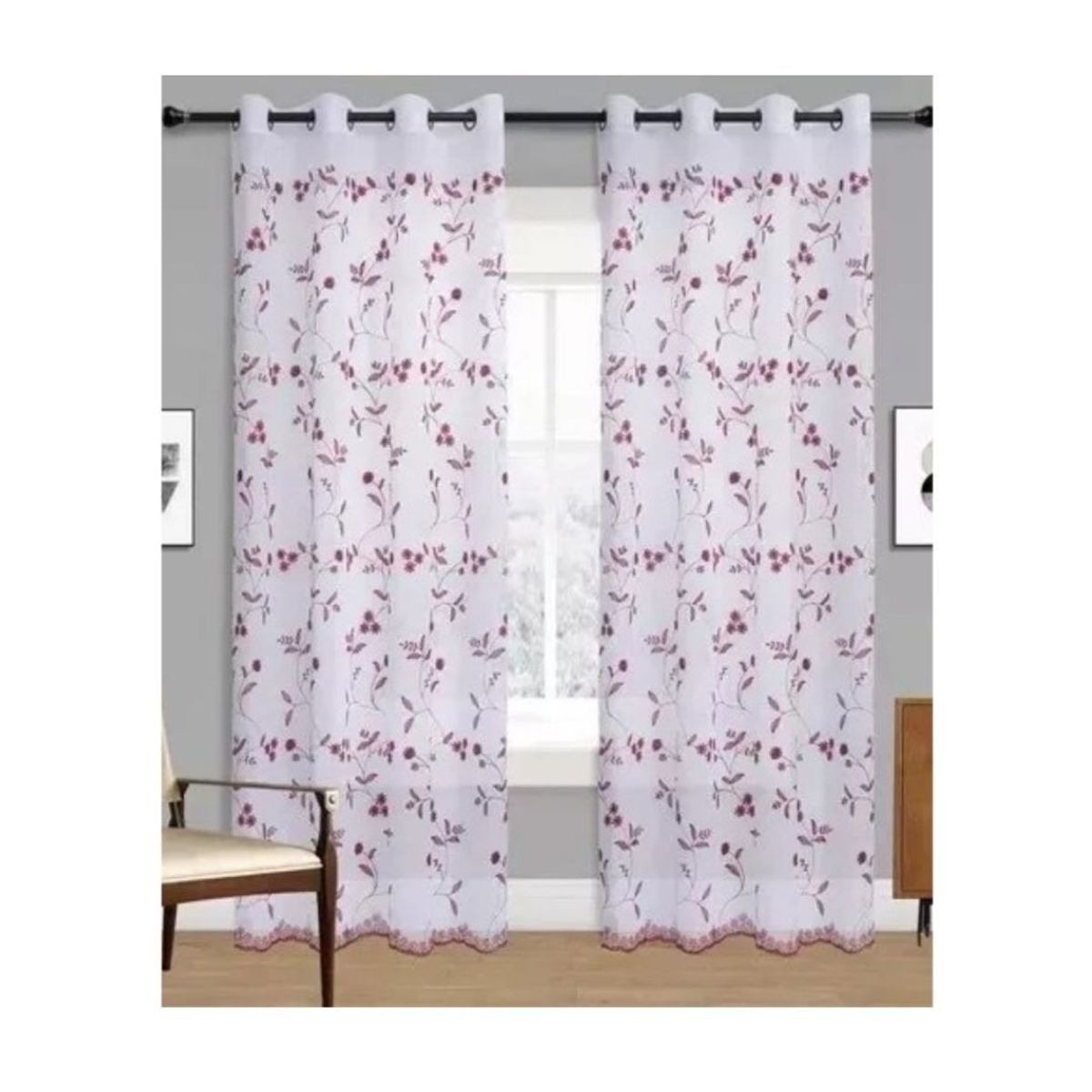 GENERICO - Cortina Velo Visillo Bordado 140 x 240 cm 2 Paños - Jazmín Burdeo