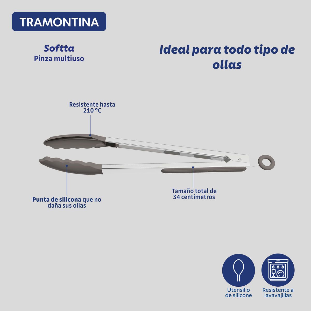 TRAMONTINA - Pinza Multiuso Tramontina Softta de Silicona Gris 33,9 cm