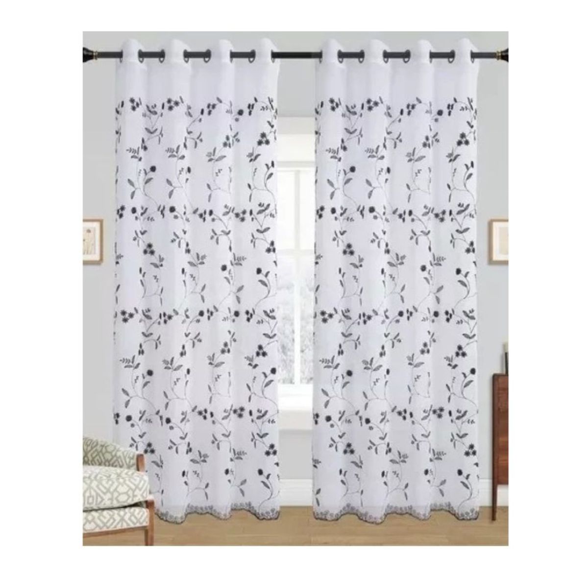 GENERICO - Cortina Velo Visillo Bordado 140 x 240 cm 2 Paños - Jazmín Negro