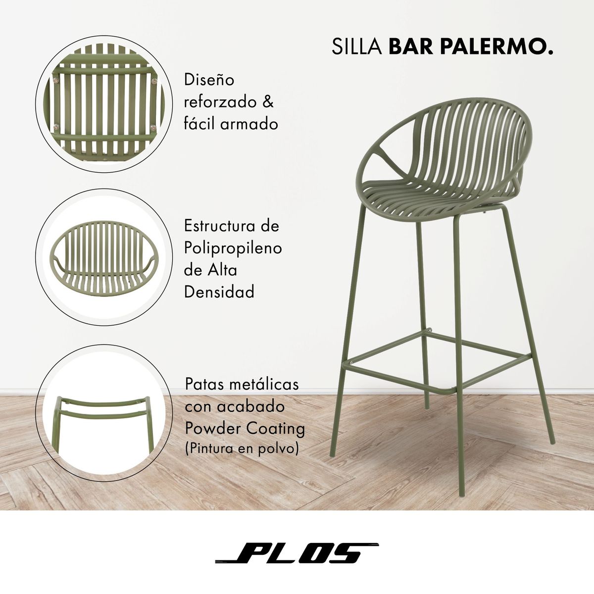 PLOS - Silla Piso Bar Taburete Terraza Pack X2 Plos Palermo Verde 75cm