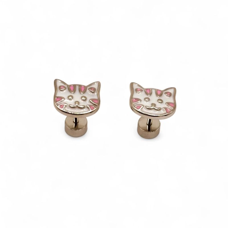 TIANA JOYAS - Aro de Gatito con esmalte Blanco y Rosado