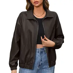 RURUTOTO - Chaqueta de Cuero Manga Larga Mujer Beige.