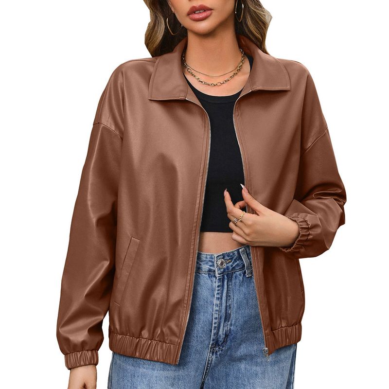 RURUTOTO - Chaqueta de Cuero Manga Larga Mujer Beige.