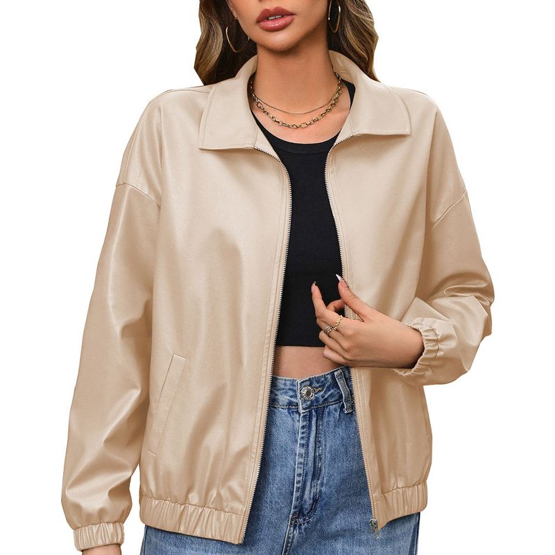 RURUTOTO - Chaqueta de Cuero Manga Larga Mujer Beige.