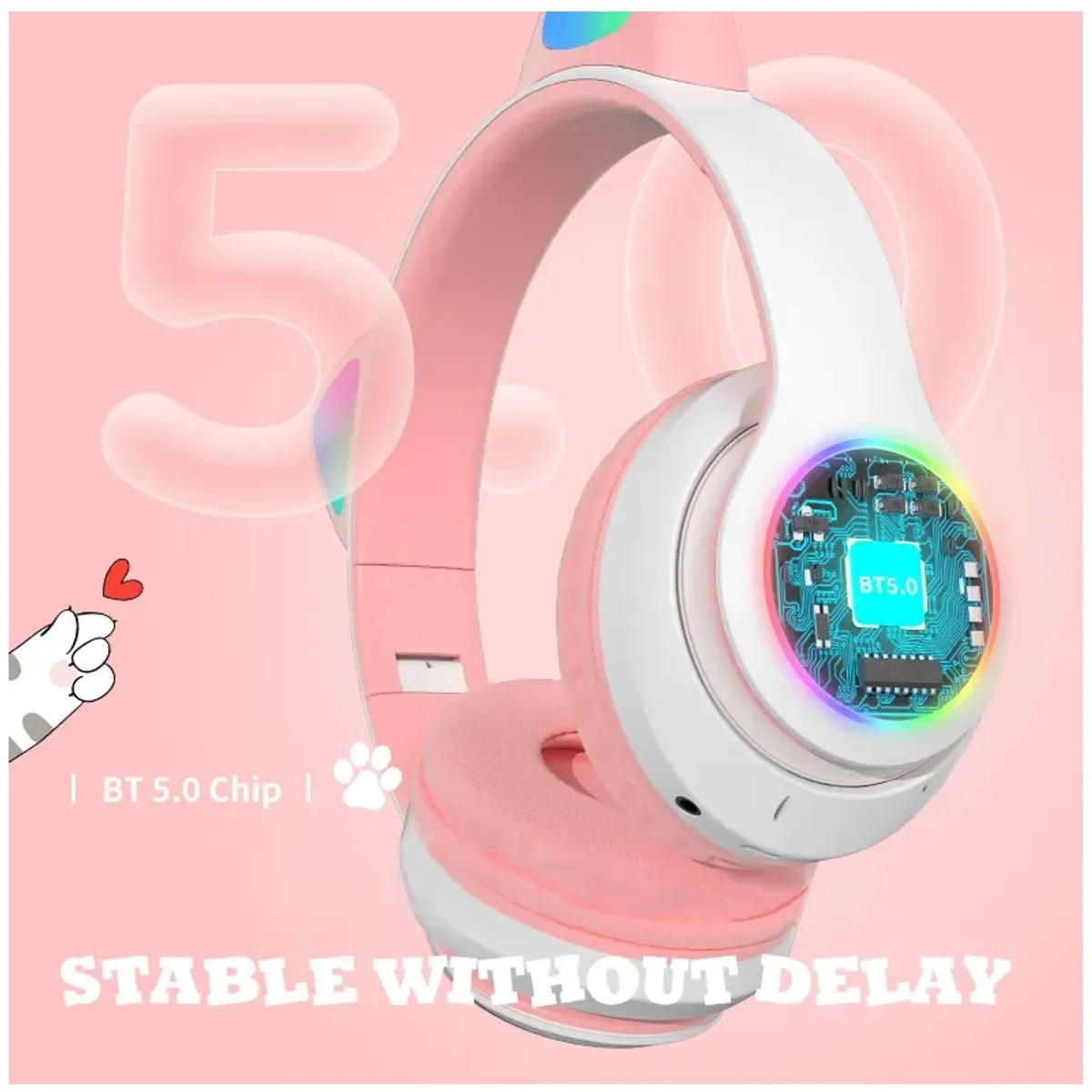 GENERICO - Audífonos inalámbricos Bluetooth RGB Orejas gato BT 5.0 ROSADO