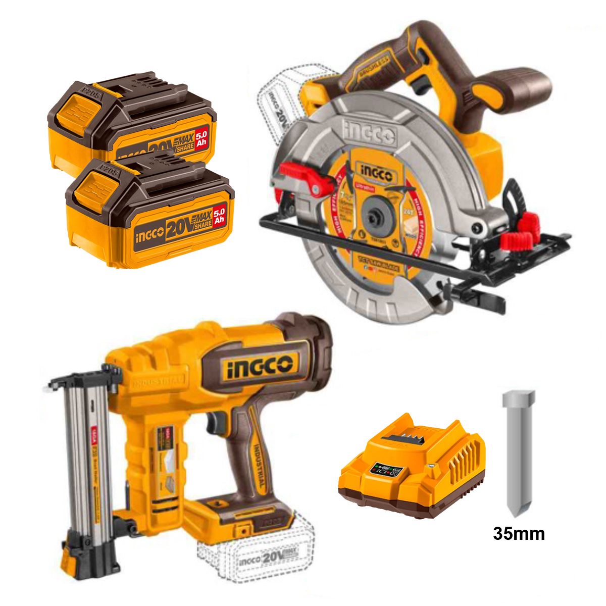 INGCO - Set Sierra Circular Bl + Clavadora +2 Bat 5Ah Y Carg 20V