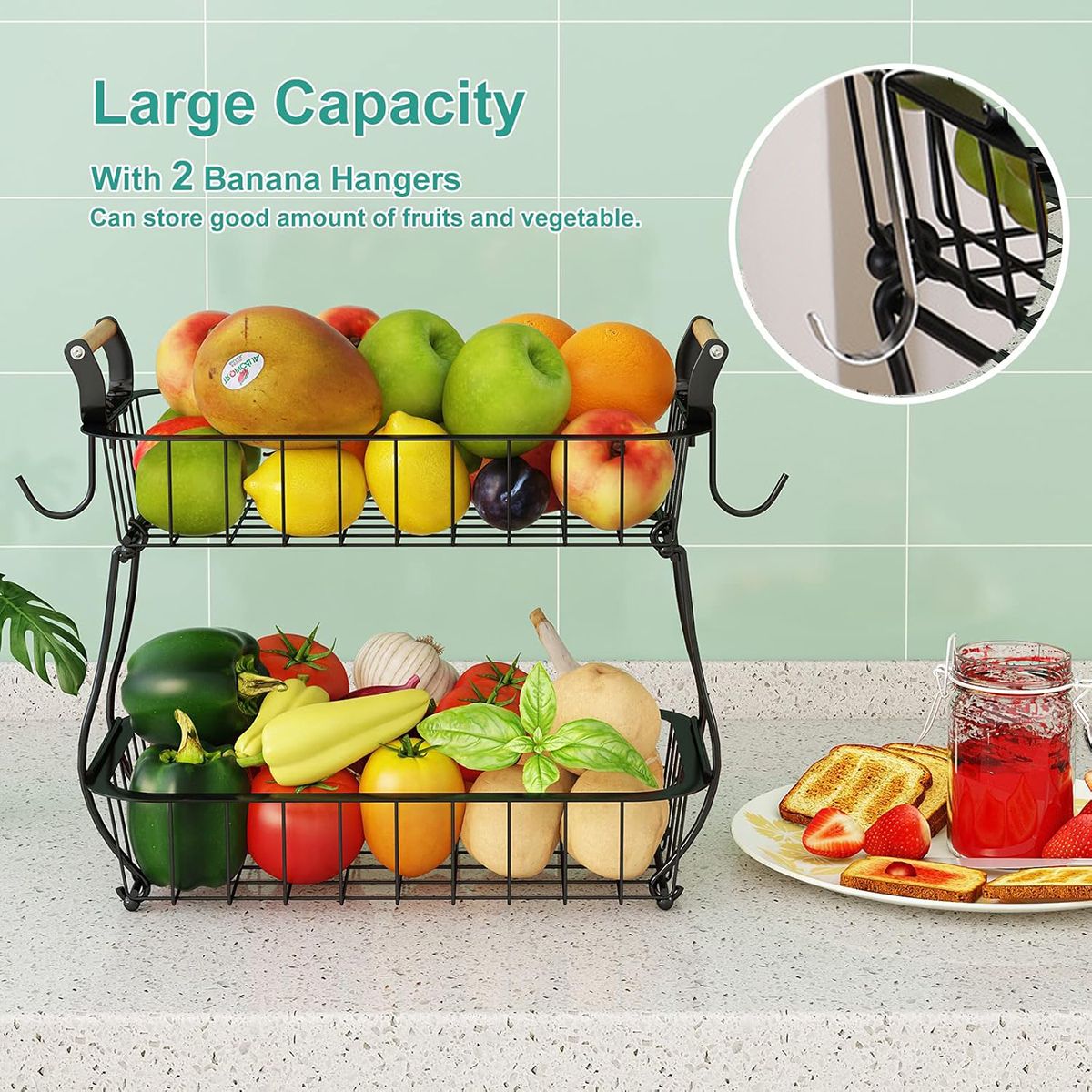 EINICIO - Cesta Doble Para Frutas Y Verduras Con Ganchos Para Plátanos