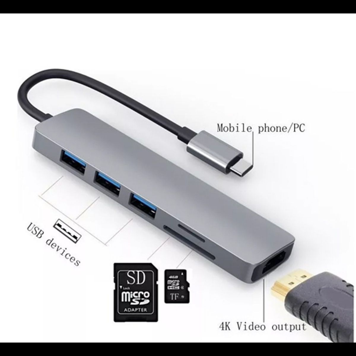 OEM - ADAPTADOR USB HUB HDMI TIPO C 3 X USB 30 6EN1