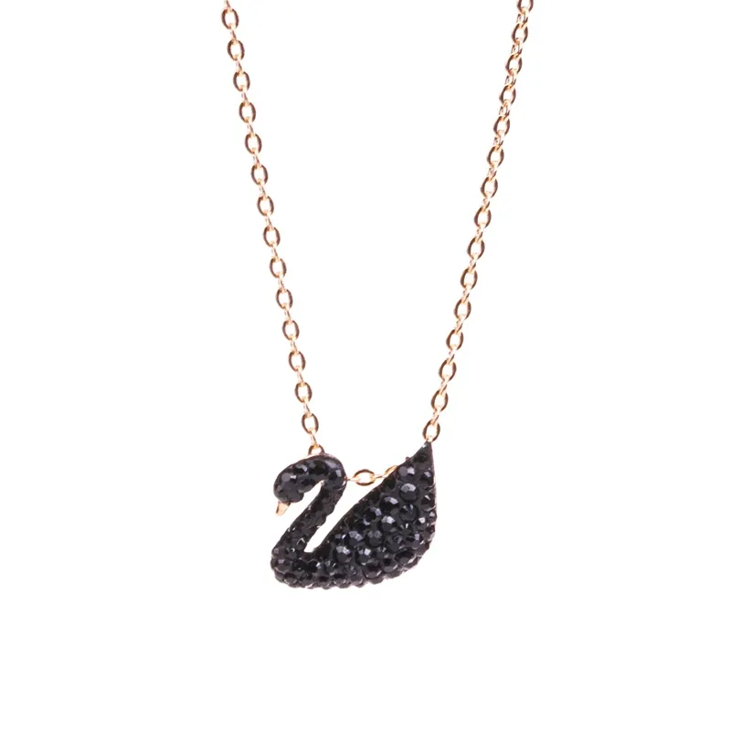 SWAROVSKI - Swarovski Iconic Swan Small Black Crystal Rose Gold-Plated Necklace